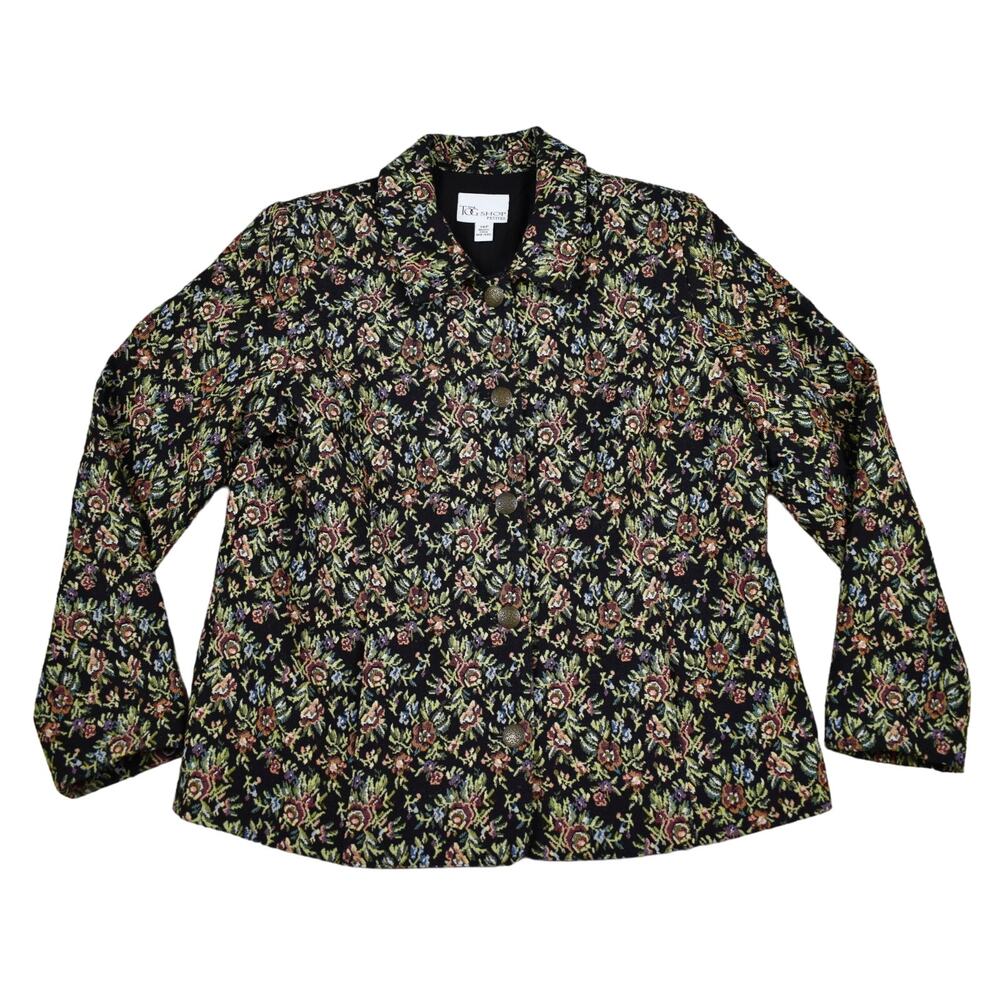 Vintage Floral Tapestry Jacket 14 Petite 14P Black Cottagecore Academia Grandma